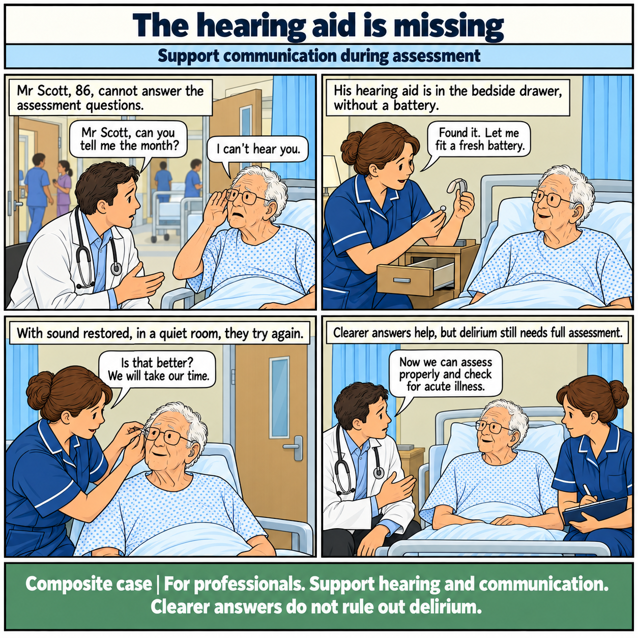 Four-panel clear-line comic. Panel 1: Mr Scott, 86, cannot answer the assessment questions. Panel 2: His hearing aid is in the bedside drawer, without a battery. Panel 3: With sound restored, in a quiet room, they try again. Panel 4: Clearer answers help, but delirium still needs full assessment.