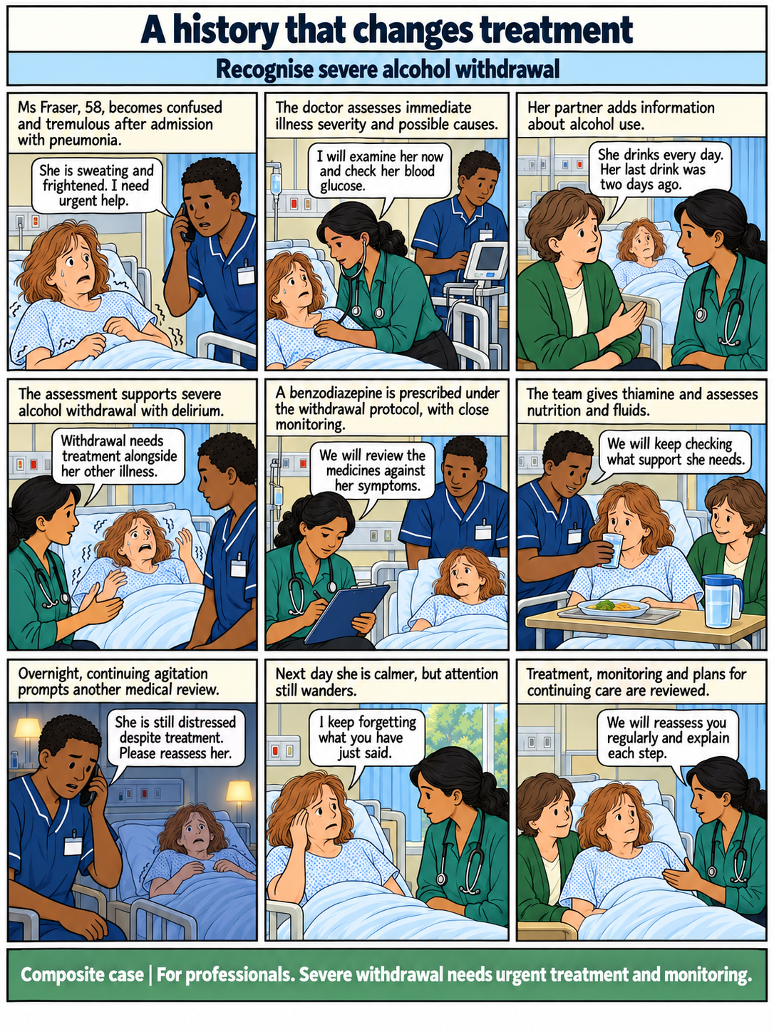 9-panel clear-line comic. Panel 1: Ms Fraser, 58, becomes confused and tremulous after admission with pneumonia. Panel 2: The doctor assesses immediate illness severity and possible causes. Panel 3: Her partner adds information about alcohol use. Panel 4: The assessment supports severe alcohol withdrawal with delirium. Panel 5: A benzodiazepine is prescribed under the withdrawal protocol, with close monitoring. Panel 6: The team gives thiamine and assesses nutrition and fluids. Panel 7: Overnight, continuing agitation prompts another medical review. Panel 8: Next day she is calmer, but attention still wanders. Panel 9: Treatment, monitoring and plans for continuing care are reviewed.
