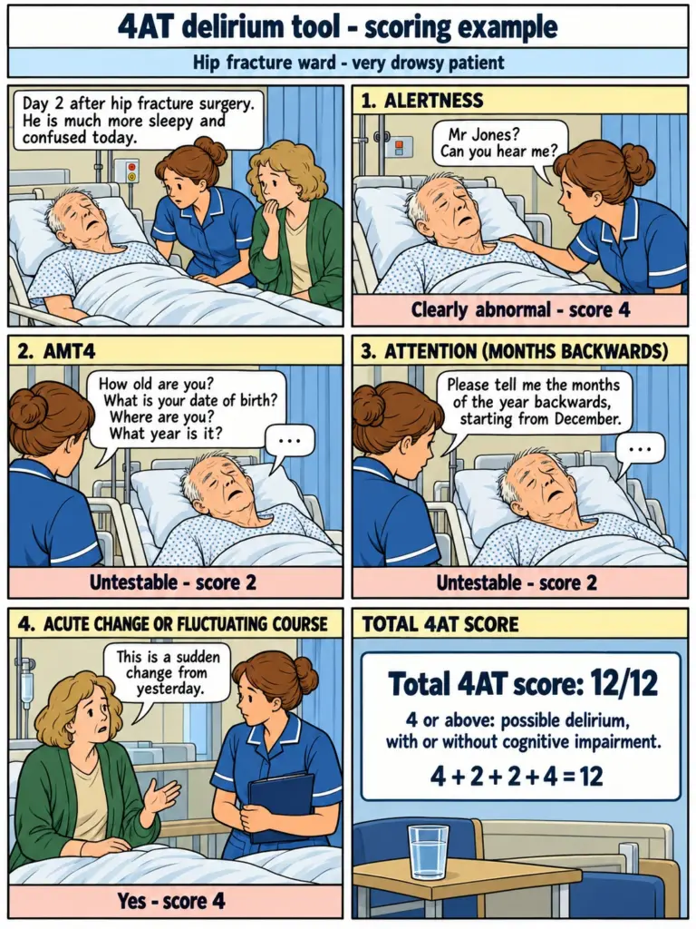 A page from the first illustrated case, showing a bedside 4AT assessment.