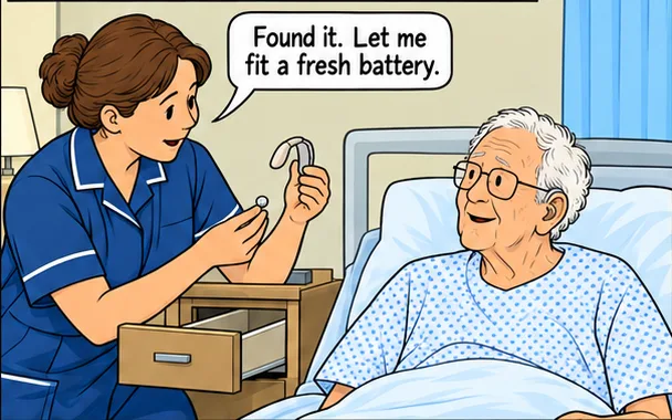 A nurse finds a patient’s hearing aid in the bedside drawer and fits a fresh battery.