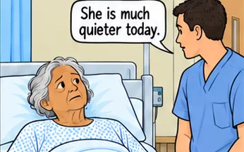 A patient has stopped calling out but still watches the room fearfully.