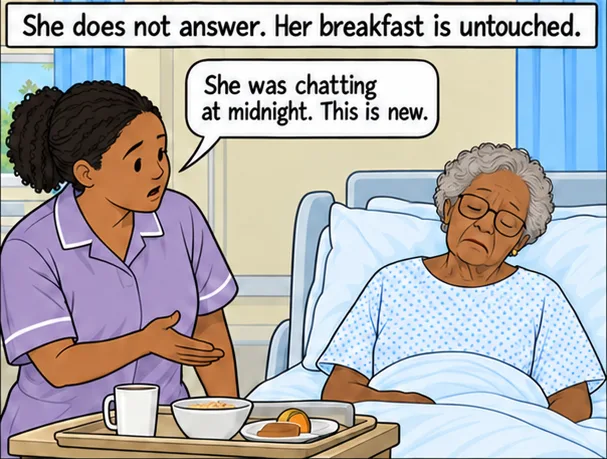 Panel 2 of 4. She does not answer. Her breakfast is untouched. A colleague says: ‘She was chatting at midnight. This is new.’