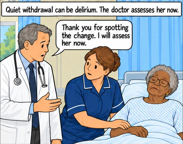 Panel 4 of 4. Quiet withdrawal can be delirium. The doctor assesses her now: ‘Thank you for spotting the change. I will assess her now.’