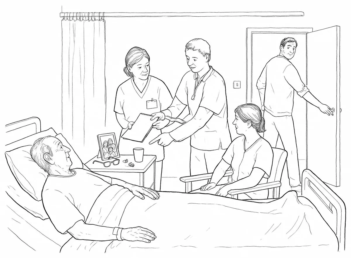 Staff hand over at the bedside of an older man while a relative sits with him.
