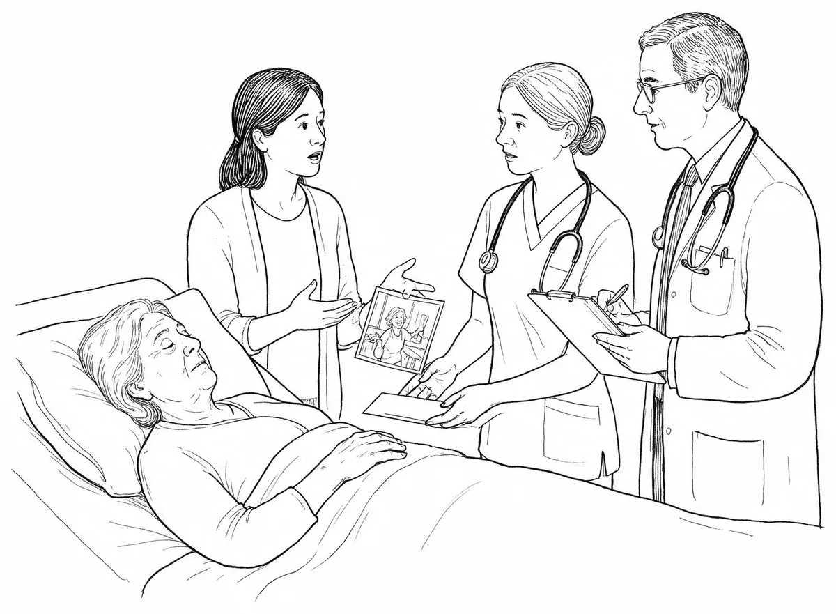 A relative shows a photograph to a nurse and a doctor at the bedside of an older woman.