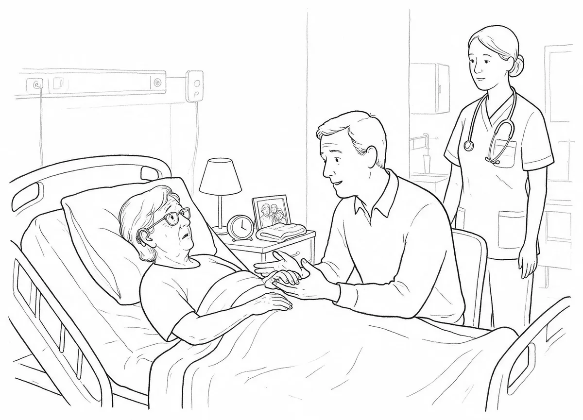 A man holds the hand of a frightened older woman in a hospital bed while a nurse stands nearby. A clock, a lamp and a family photograph are on the bedside table.