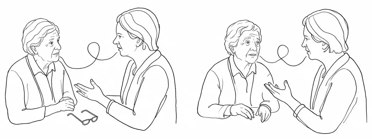 Two drawings of an older woman talking with a younger woman. In the first their conversation flows. In the second the older woman has lost the thread.