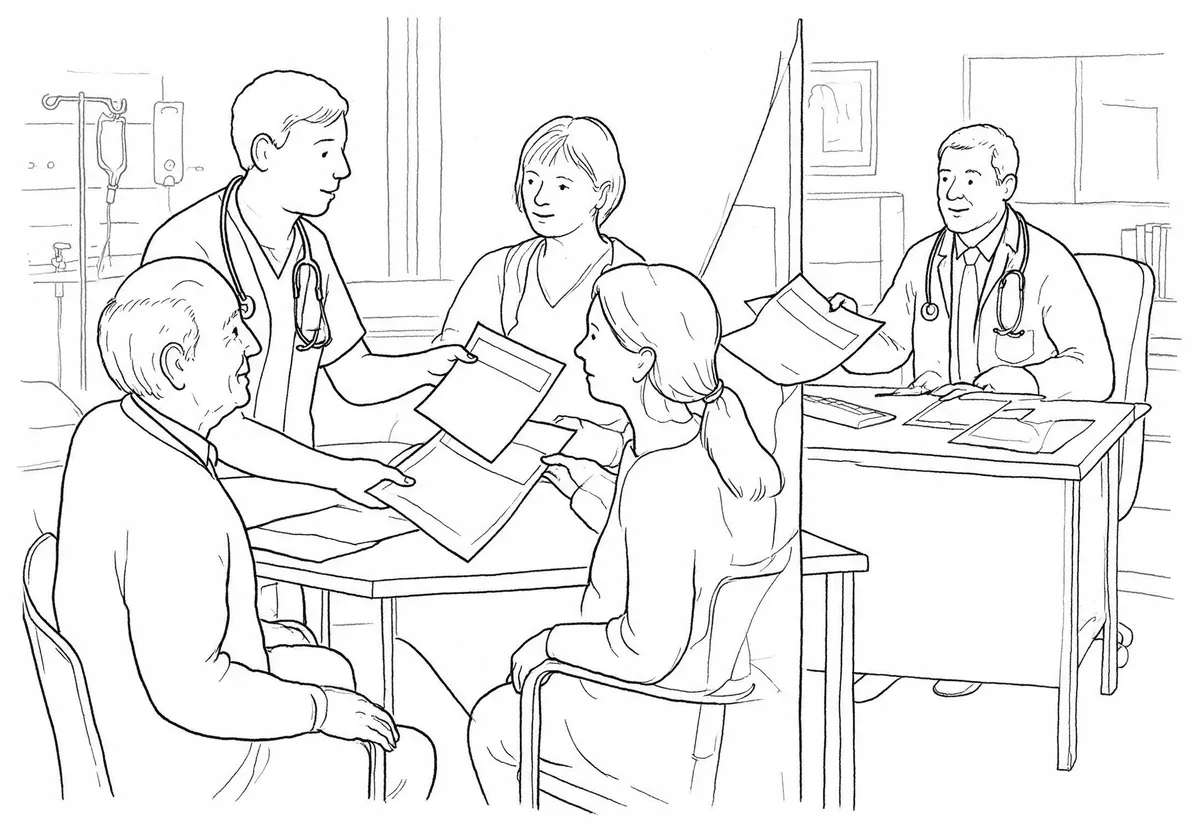 Staff and a relative sit round a table with papers, planning the move of an older man who sits with them.