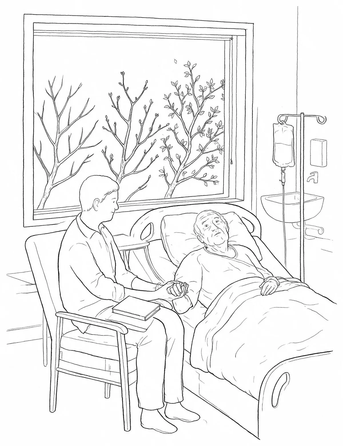 A relative sits holding the hand of an older man in a hospital bed. Through the window a bare tree has begun to bud.