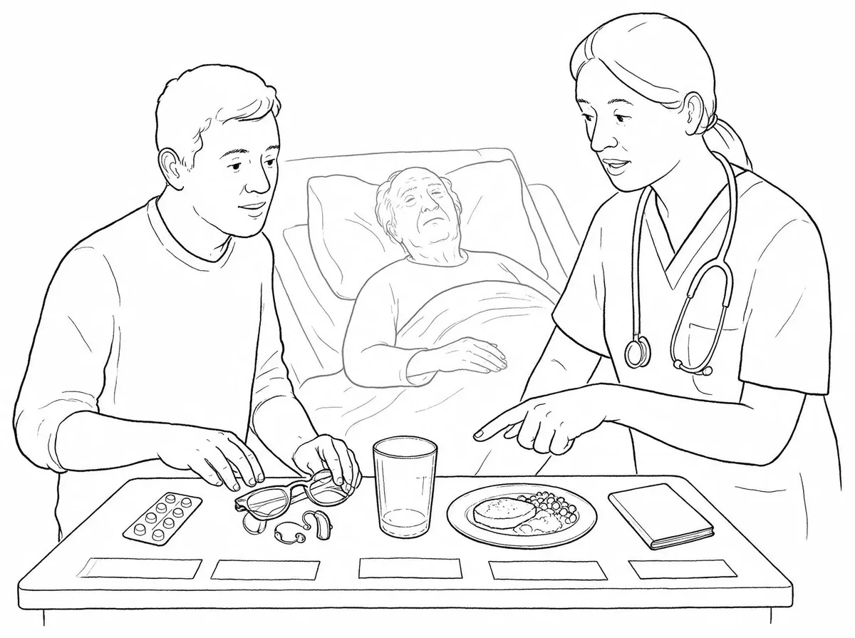 A relative and a nurse at a table by an older man's bed look at his glasses, hearing aids, pill packets, a drink and a meal.