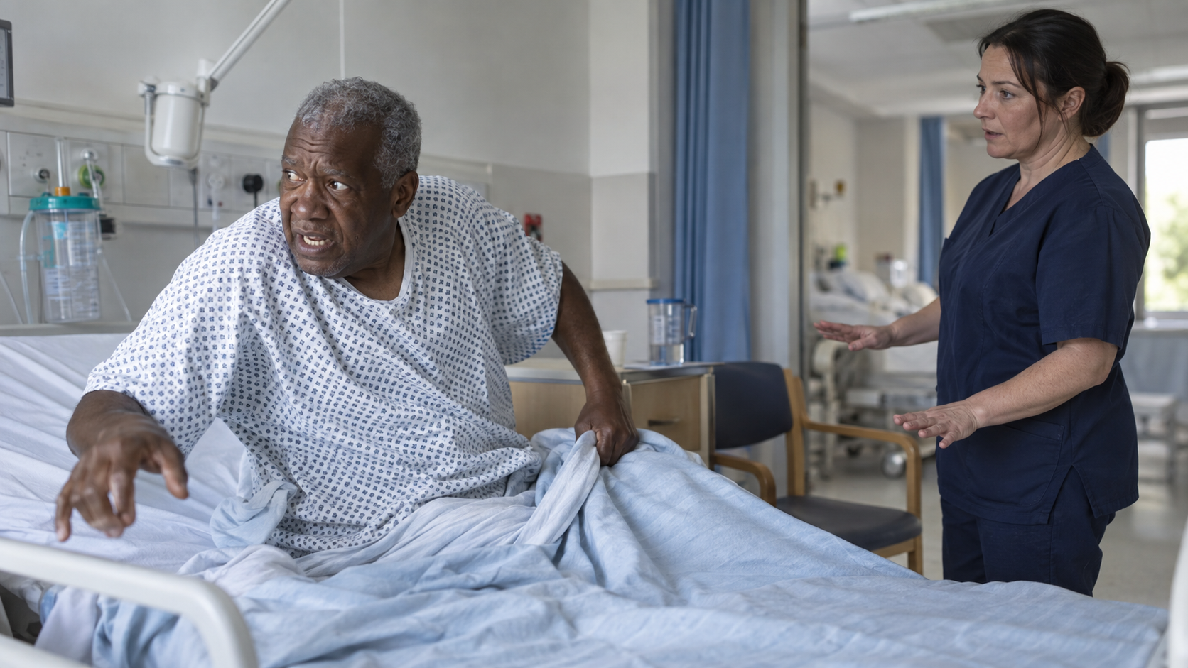 An older man sits forward in a hospital bed, looking frightened and agitated. A nurse stands beside the bed and gives him space.